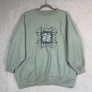 Vtg Crewneck Sweatshirt Womens M Green Patchwork Embroidery Grandma Inside Out